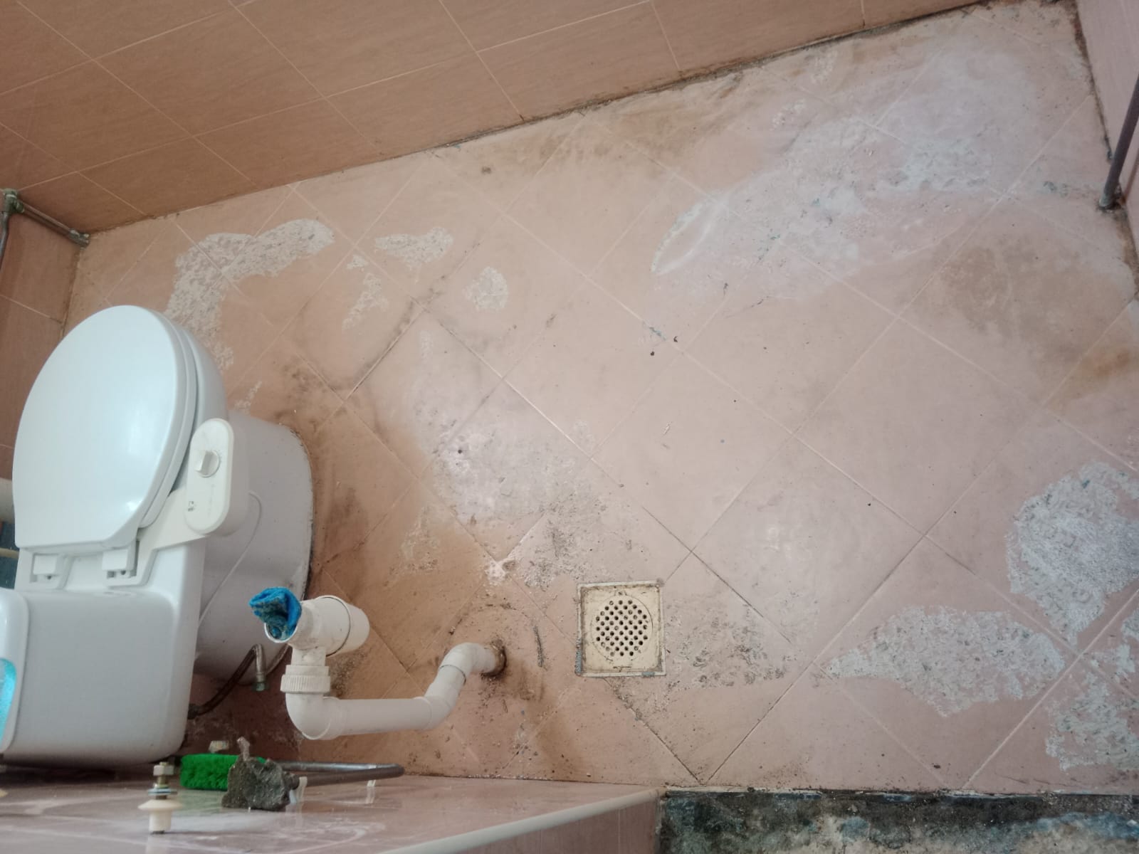 Before: HDB bathroom with stained old floor tiles, toilet, and floor drain